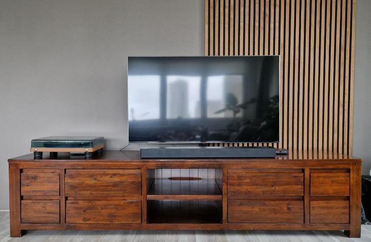 TV meubel Teakhout 222cm, Huis en Inrichting, Kasten | Televisiemeubels, Gebruikt, Minder dan 100 cm, 200 cm of meer, 25 tot 50 cm