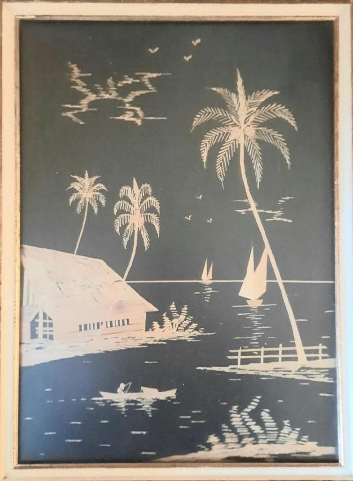 Echte rijst stro schilderij met palmbomen, Antiek en Kunst, Kunst | Niet-Westerse kunst, Ophalen of Verzenden