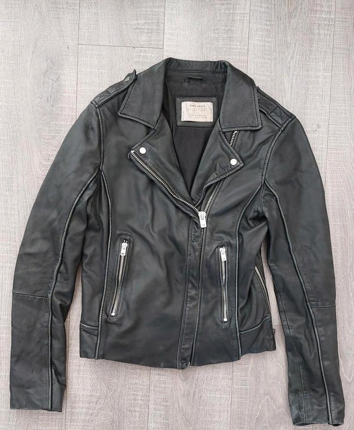 Zara black leather biker jacket with long zips L, Kleding | Dames, Jassen | Winter, Gedragen, Maat 42/44 (L), Zwart, Ophalen of Verzenden