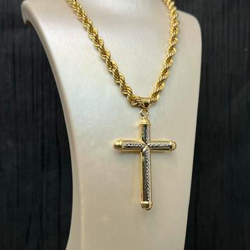 14k gouden ketting rope schakel met kruis hanger beschikbaar voor biedingen