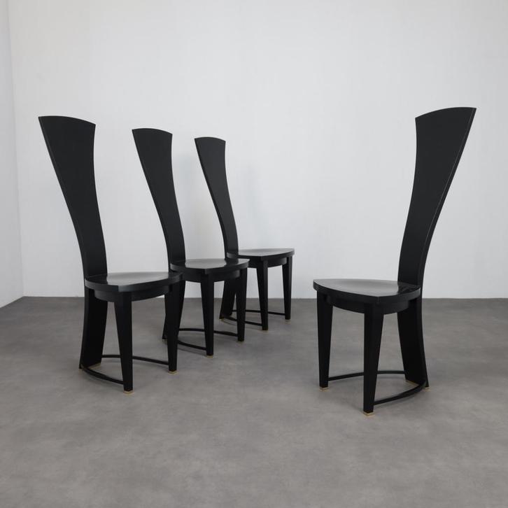 Rare Set of Four Highback Dining Chairs, Italy, 1990s, Huis en Inrichting, Stoelen, Gebruikt, Vier, Hout, Zwart, Ophalen