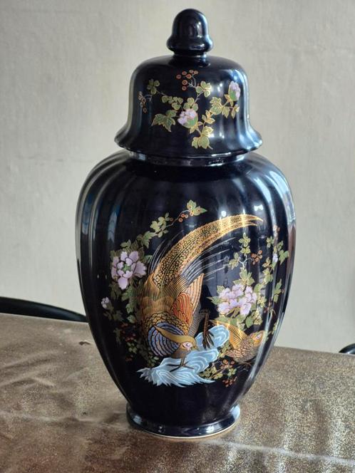 Donkerblauwe dekselvaas of gemberpot decor peacock, Antiek en Kunst, Antiek | Porselein, Ophalen of Verzenden