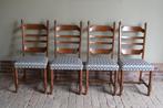 Set van 4 keurige eiken houten stoelen met grijs/blauwe stof, Ophalen, Hout, Zo goed als nieuw, Vier