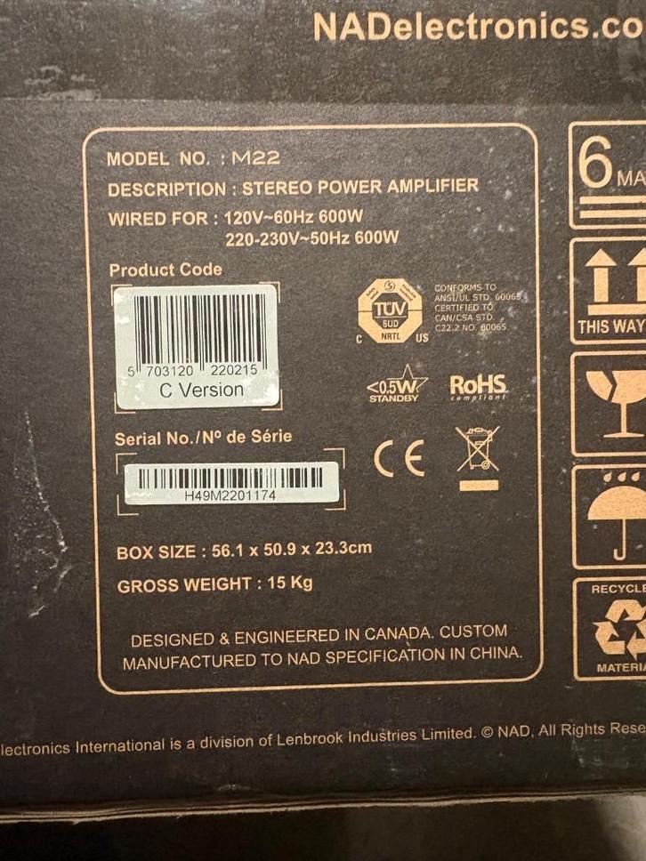 M22 - Stereo Power Amplifier NADelectronics, Audio, Tv en Foto, Luidsprekers, Nieuw, Front, Rear of Stereo speakers, 120 watt of meer