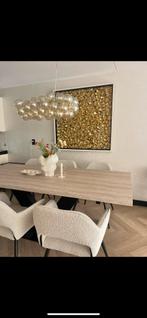 Luxe eettafel metalen X poot eikenblad beige zwart travertin, Huis en Inrichting, Tafels | Eettafels, 200 cm of meer, Zo goed als nieuw
