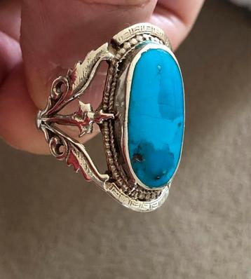 Oude Ring Zilver Turkoois Blauw  Prachtig Grote Ring  beschikbaar voor biedingen