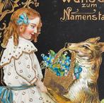 goudrelief meisje lang haar pijpenkrul hond Collie 1920, Verzenden, Voor 1920, Gelopen, Overige thema's