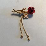 Vintage gouden rode roos bloem broche parel costume jewelry, Sieraden, Tassen en Uiterlijk, Broches, Goud, Overige materialen