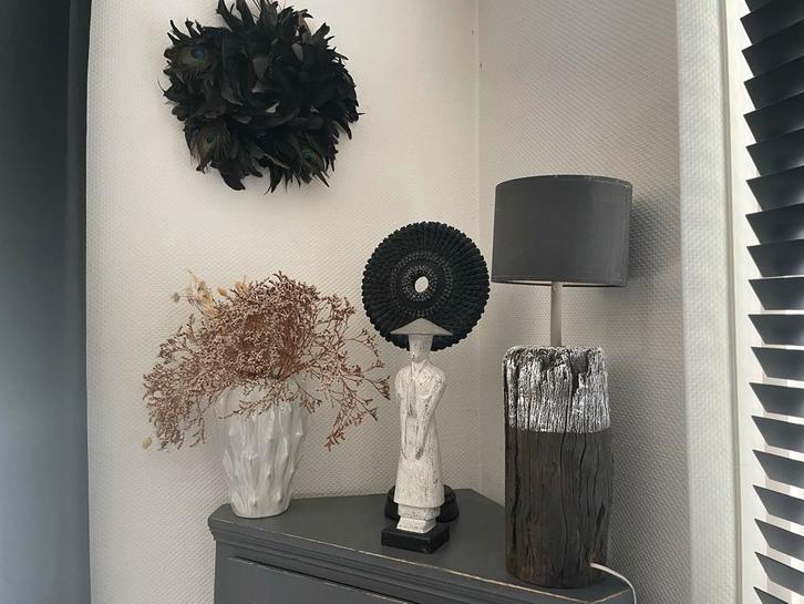 Brocante lamp op meerpaal, Huis en Inrichting, Lampen | Hanglampen, Gebruikt, 50 tot 75 cm, Hout, Ophalen of Verzenden