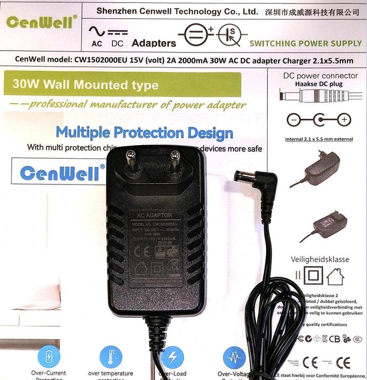 Cenwell CW1502000EU 15V 2A 30W AC Adapter Oplader 2.1x5.5 1A, Audio, Tv en Foto, Opladers, Nieuw, Ophalen of Verzenden