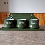 EMAILLE DONKER GROENE ZAND ZEEP EN SODA MET REKJE VAN BK., Antiek en Kunst, Antiek | Emaille, Ophalen of Verzenden