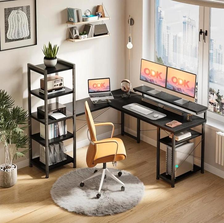 L-Vormig Computerbureau met Boekenkast - Zwart, Huis en Inrichting, Bureaus, Nieuw, Bureau, Ophalen