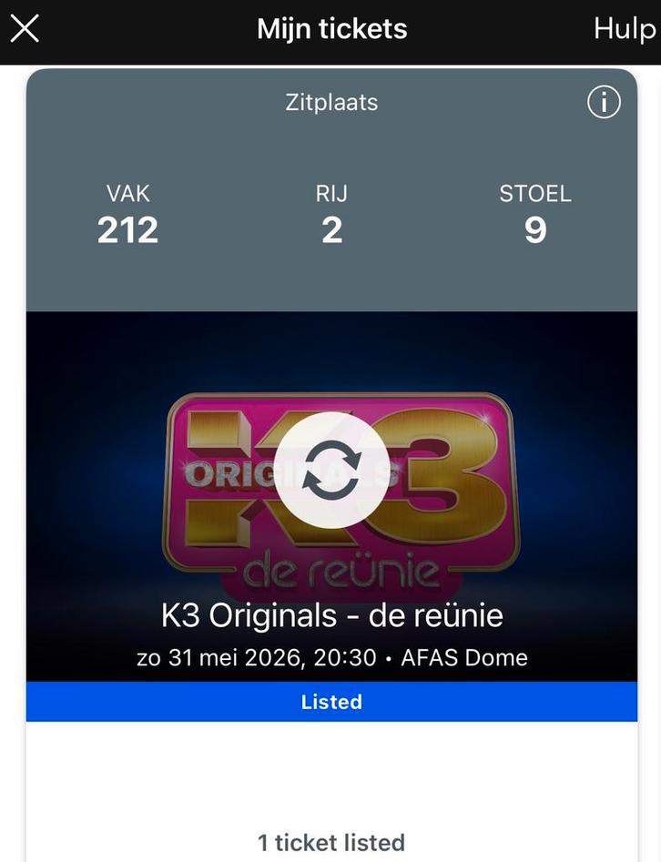 1x K3 Reüni ticket, Tickets en Kaartjes, Kortingen en Cadeaubonnen, Eén persoon, Overige typen, Overige soorten