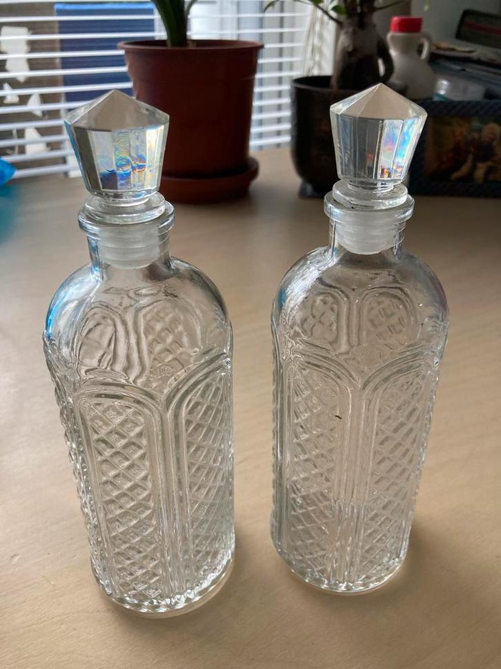 Vintage Glazen Flessen met Stop, Huis en Inrichting, Woonaccessoires | Vazen, Zo goed als nieuw, Wit, Minder dan 50 cm, Glas, Ophalen of Verzenden