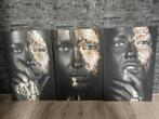 Set van 3 Canvasschilderijen Vrouwenportret zwart met goud, Huis en Inrichting, Woonaccessoires | Schilderijen, Tekeningen en Foto's