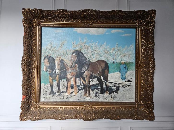 Schilderij met paarden en boer in gouden lijst, Antiek en Kunst, Kunst | Schilderijen | Klassiek, Ophalen of Verzenden