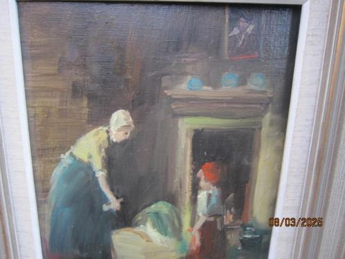 Nicolai COSTER, 1901, Mooi Impress. Binnenhuisje met Wieg, Antiek en Kunst, Kunst | Schilderijen | Klassiek, Ophalen of Verzenden