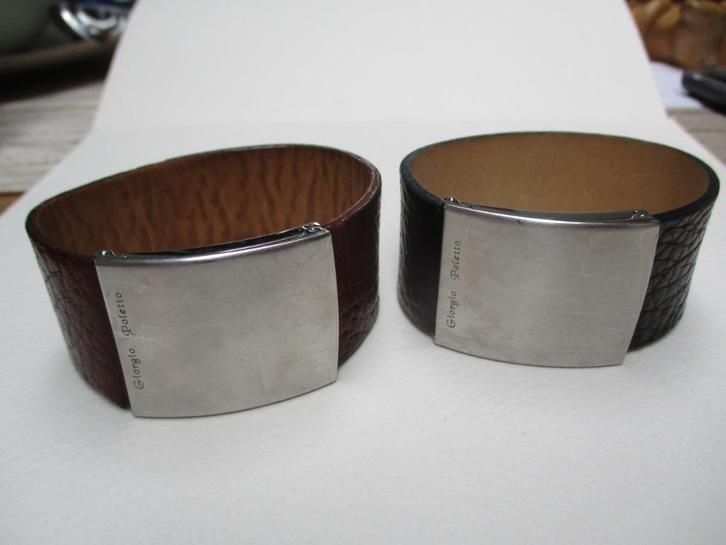 Bruin of zwart leren brede manchet armband stalen sluiting, Sieraden, Tassen en Uiterlijk, Armbanden, Zo goed als nieuw, Leer