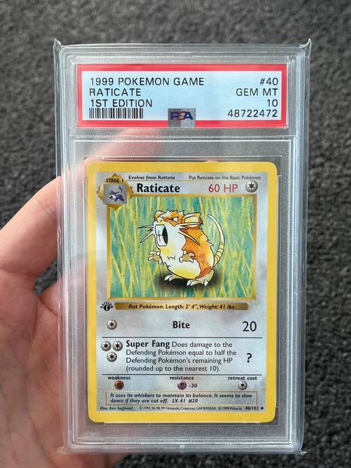 Pokémon PSA 10 1st edition Raticate #40 Base set, Hobby en Vrije tijd, Verzamelkaartspellen | Pokémon, Zo goed als nieuw, Losse kaart