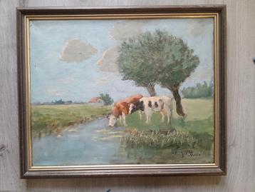 1920 - Landschap met twee koeien aan het water - Gesigneerd  beschikbaar voor biedingen
