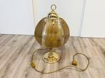 Tafellamp, koper-look en glas, 3 peers, bamboe motief, ZGAN, Ophalen, Klassiek, Zo goed als nieuw, Glas