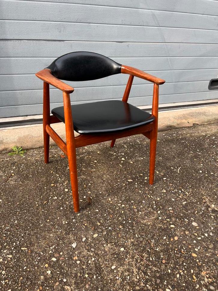 Erik Kirkegaard glostrup Denemarken stoel teak €445 vintage, Huis en Inrichting, Stoelen, Gebruikt, Eén, Hout, Leer, Zwart, Ophalen of Verzenden