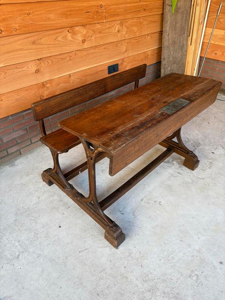 Antieke schoolbank van eikenhout en gietijzer, Antiek en Kunst, Antiek | Kantoor en Zakelijk, Ophalen