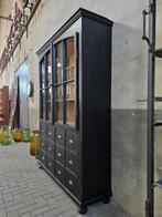 Vintage Houten Vitrinekast Zwart | Apothekers Vitrine Kast, Gebruikt, Antiek Retro Vintage Brocante Landelijk, 200 cm of meer