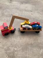 Houten takelwagen met 4 autos (magnetisch), Ophalen of Verzenden, Gebruikt