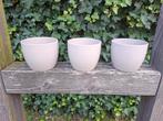 Set van 3 grijze bloempotjes (1x met breuk), Ophalen of Verzenden, Gebruikt, Overige kleuren, Minder dan 50 cm