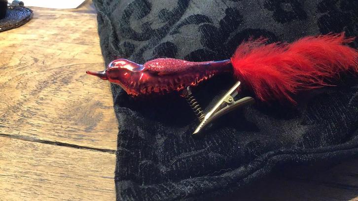 Oud glazen kerst vogeltje met veren staart  rood vogel, Dieren en Toebehoren, Reptielen en Amfibieën, 0 tot 2 jaar
