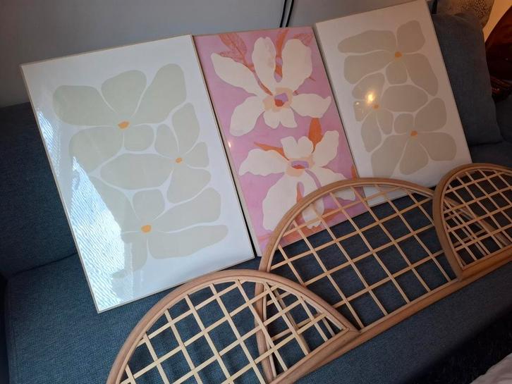 Drietal schilderen-/wanddecoratie met rotan, Hobby en Vrije tijd, Schilderen, Zo goed als nieuw, Ophalen of Verzenden