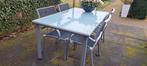 Nette tuinset met glazen tafel en 4 bijpassende stoelen., Ophalen, Gebruikt, Aluminium