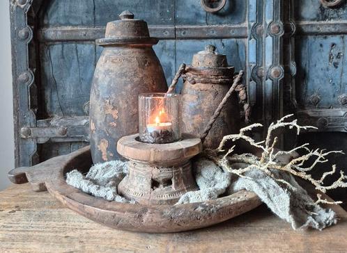 Houten schaal, nepalese pot, landelijke set, kunsttak, Huis en Inrichting, Woonaccessoires | Dienbladen, Nieuw, Hout, Rond, Ophalen of Verzenden