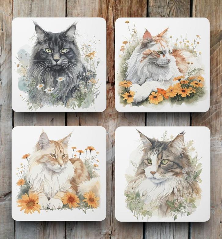 Maine Coon Aquarel onderzetters met houder, Huis en Inrichting, Woonaccessoires | Onderzetters, Nieuw, Glas of Kopje, Ophalen of Verzenden