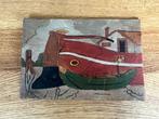 Houten schilderijtje van een trekschuit - 1935, Antiek en Kunst, Ophalen of Verzenden