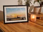 Aquarel Schilderij - Stadsgezicht bij Zonsondergang, Ophalen of Verzenden