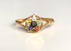 Gouden vintage ring emaille maat 18 1/4 Vrijmetselarij, 18 tot 19, Gebruikt, Overige kleuren, Ophalen of Verzenden