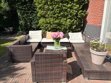 Lounge set donker bruin 11 delen, met 3 glas platen. beschikbaar voor biedingen