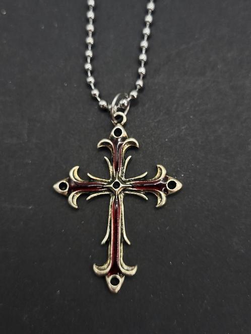 Gothic Kruis Ketting  - RVS - handgemaakt - ballchain, Sieraden, Tassen en Uiterlijk, Kettingen, Nieuw, Overige materialen, Rood