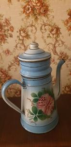 Oude Franse emaille gebloemde koffiepot compleet met filter, Ophalen of Verzenden