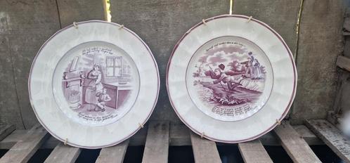 2 antieke bordjes P. Regout met teksten van Jacob Cats, Antiek en Kunst, Antiek | Keramiek en Aardewerk, Ophalen of Verzenden