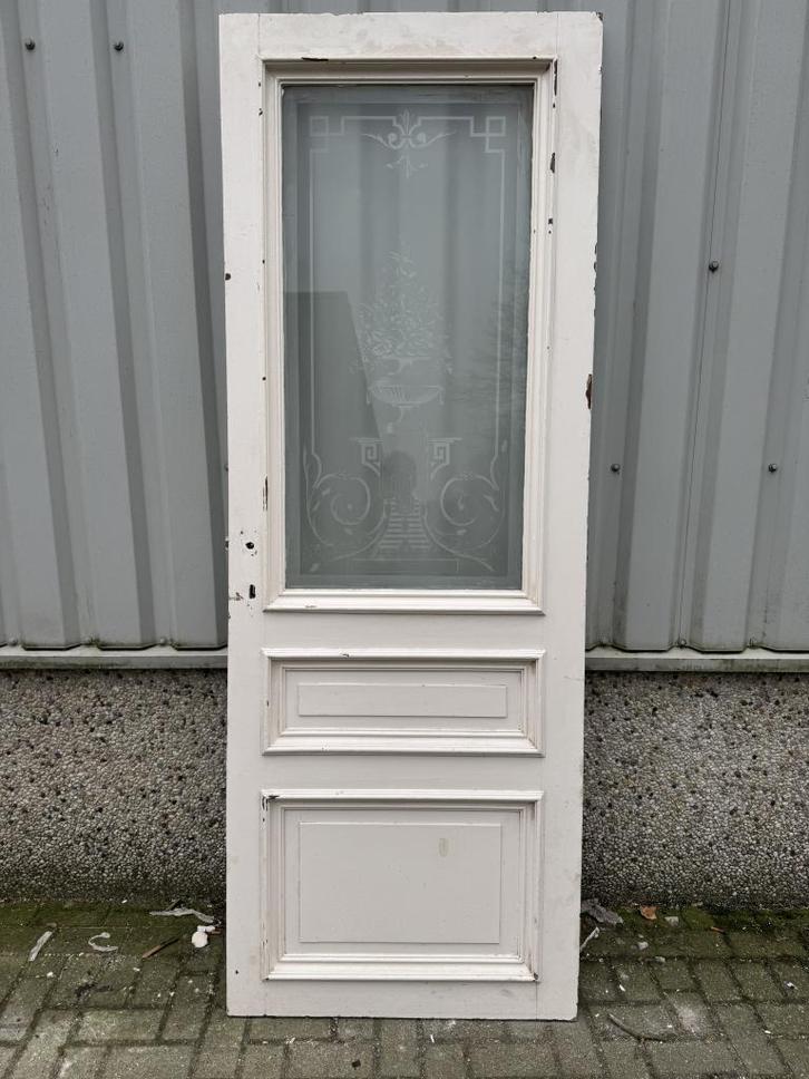 Prachtige antieke deur met geetst glas 86 x238, Doe-het-zelf en Verbouw, Deuren en Horren, Zo goed als nieuw, Binnendeur, 215 cm of meer
