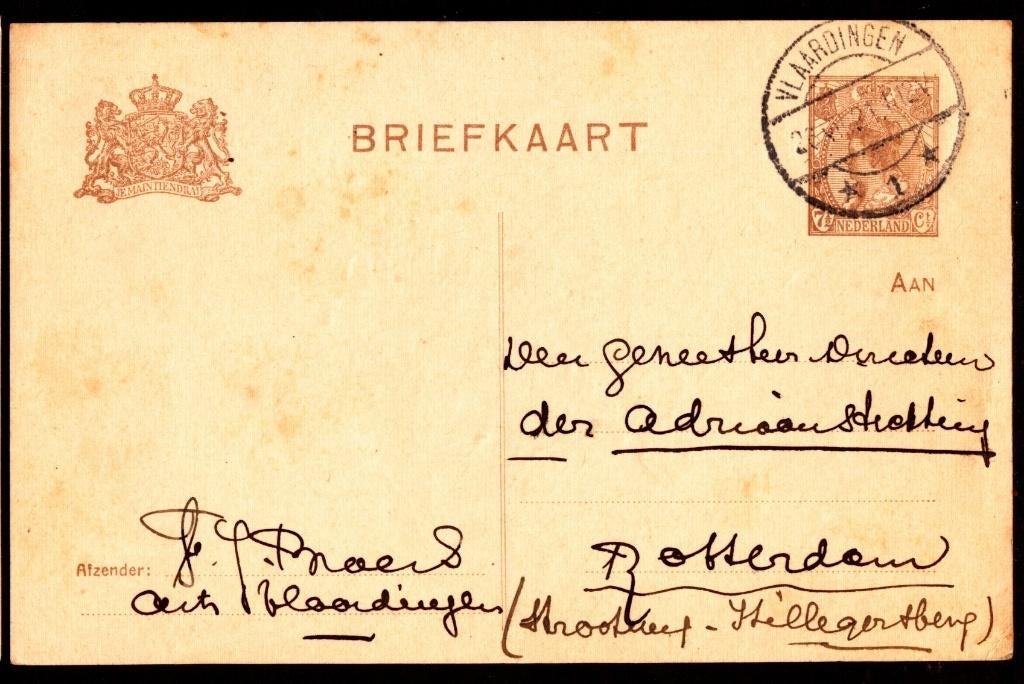 Briefkaart; Vlaardingen naar Hillegersberg op 23-7-1921., Ophalen of Verzenden, Briefkaart