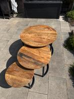 Set van 3 ronde bijzettafels – mango hout en zwart staal, Huis en Inrichting, Tafels | Salontafels, Ophalen, 50 tot 100 cm, Rond
