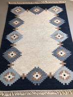 Handgeweven wollen rollakan vloerkleed , blauwtinten, 150 tot 200 cm, Scandinavisch, Ophalen of Verzenden, Wit