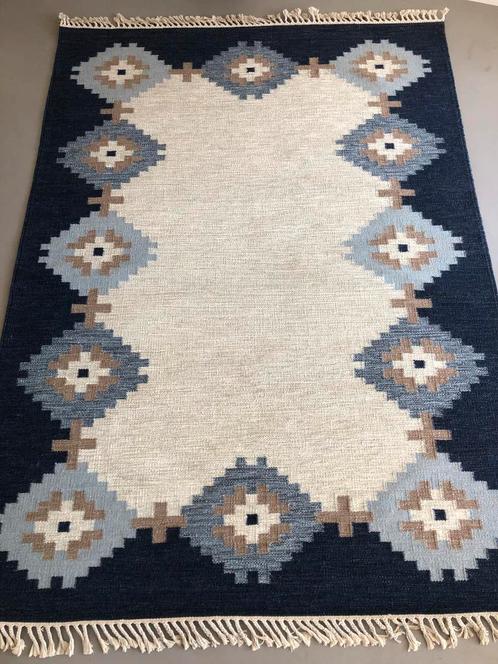 Handgeweven wollen rollakan vloerkleed , blauwtinten, Huis en Inrichting, Stoffering | Tapijten en Kleden, Nieuw, 150 tot 200 cm