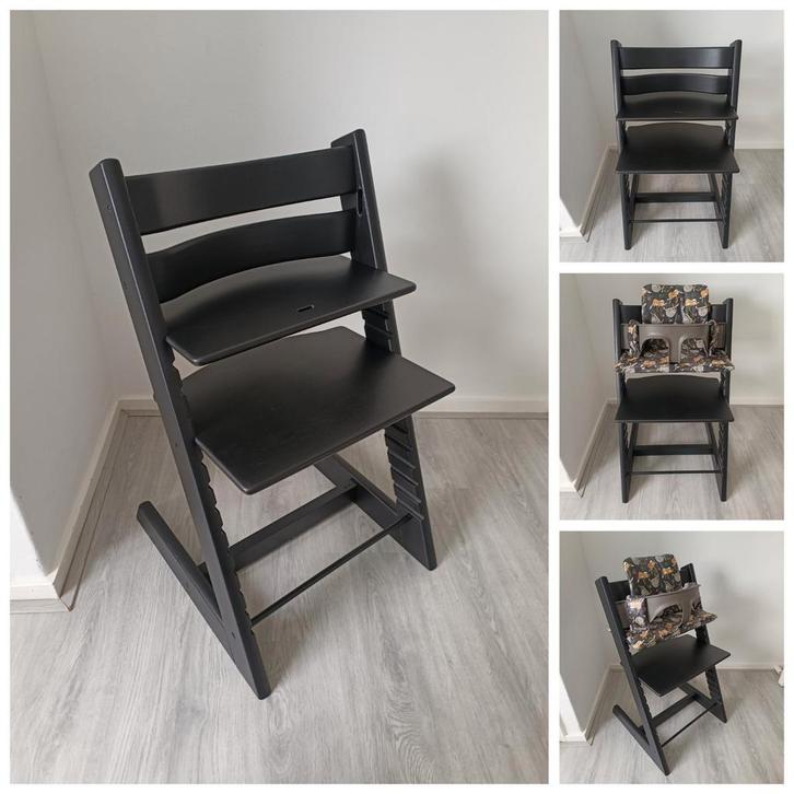 Stokke Tripp Trapp zwart oud model met babyset en kussenset, Kinderen en Baby's, Kinderstoelen, Zo goed als nieuw, Meegroeistoel
