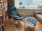 Ikea Poang schommelstoel en voetenbank blauw, Ophalen, 75 tot 100 cm, Zo goed als nieuw, Stof