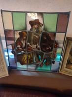 Glas in loodraam met brandschildering. ca. 45x50 cm, Antiek en Kunst, Antiek | Glas en Kristal, Ophalen